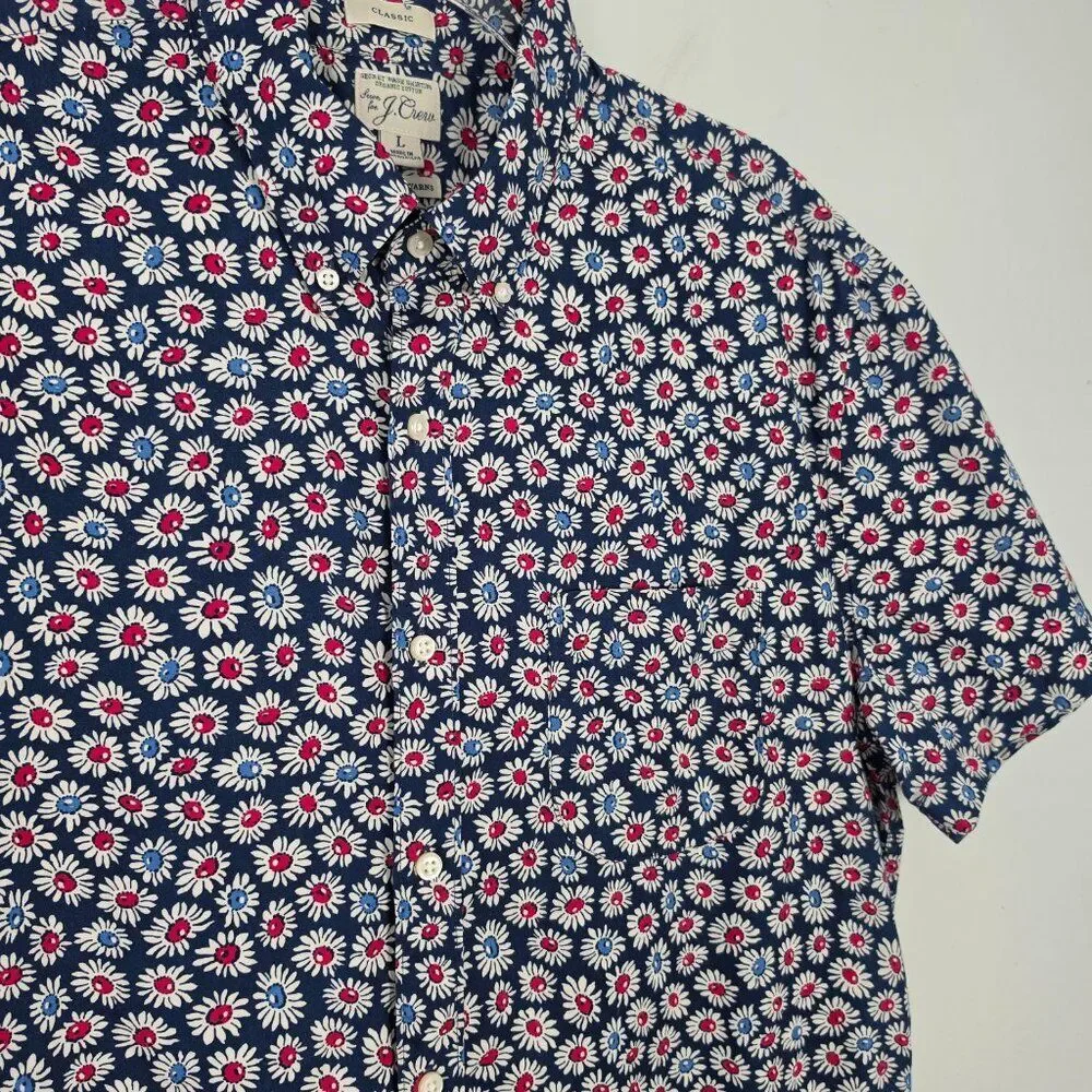 J. Crew Button Down Shirt Poplin Short Sleeve Organic Cotton Floral Navy Size L